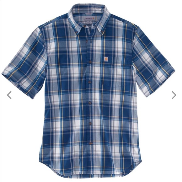 Carhartt Mens Dark Cobalt Blue Essential Plaid Button Down SS Shirt - Picture 5 of 5